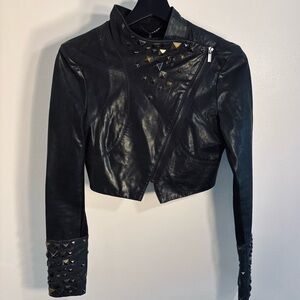 BCBG Black  Cropped Studded Leather Jacket Size XXS